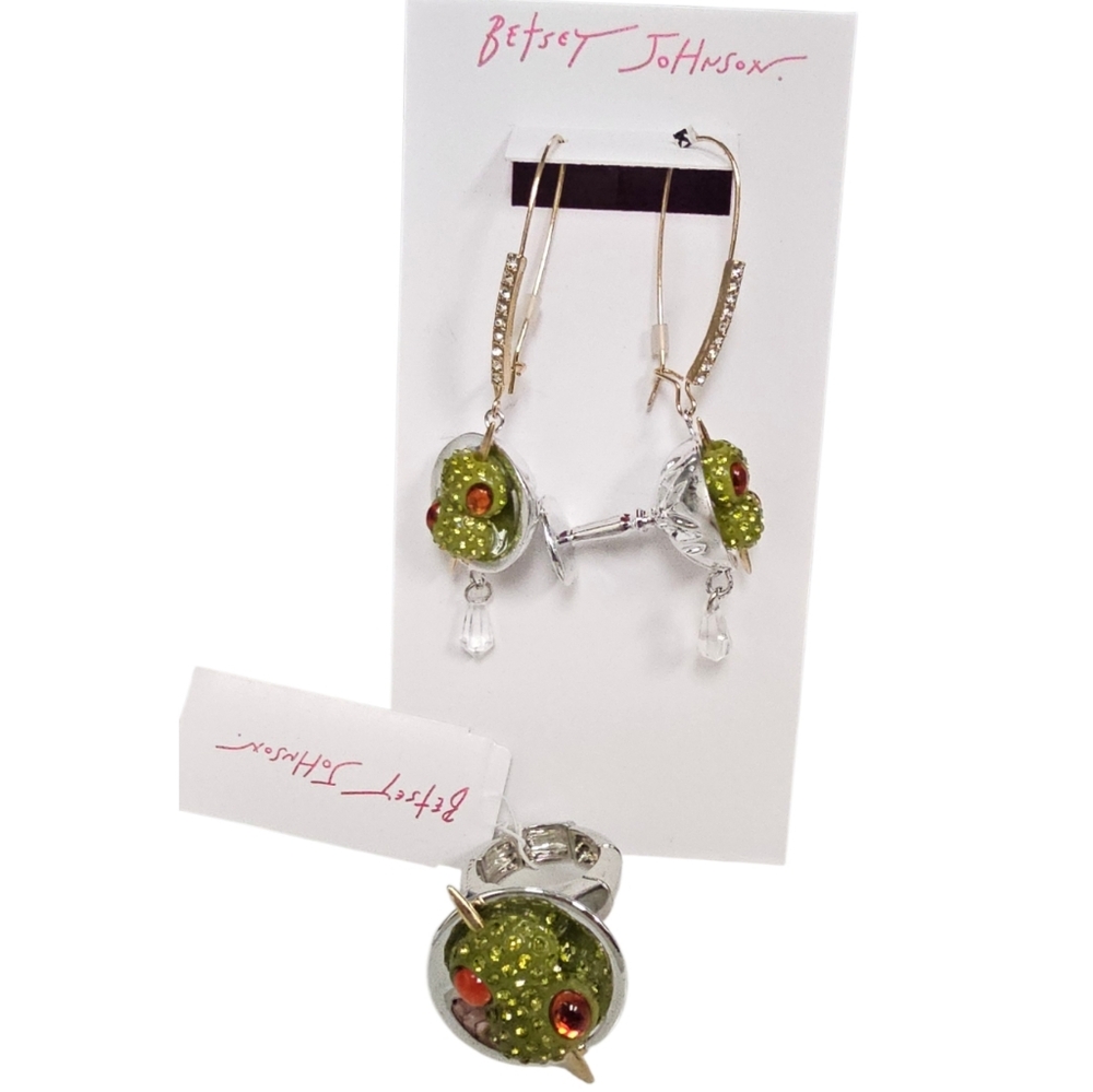 NWT Betsey Johnson Martini Glass Jewelry Set Pavé Crystal Ring & Earrings